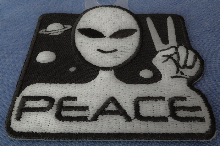 Peace Alien Fun Novelty Iron on Patch diagonal view