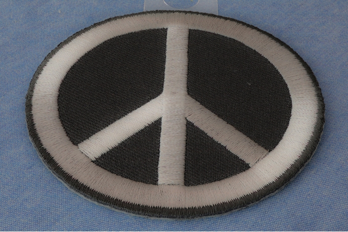Peace Sign Novelty Iron on Patch Gray On Black diagonal view