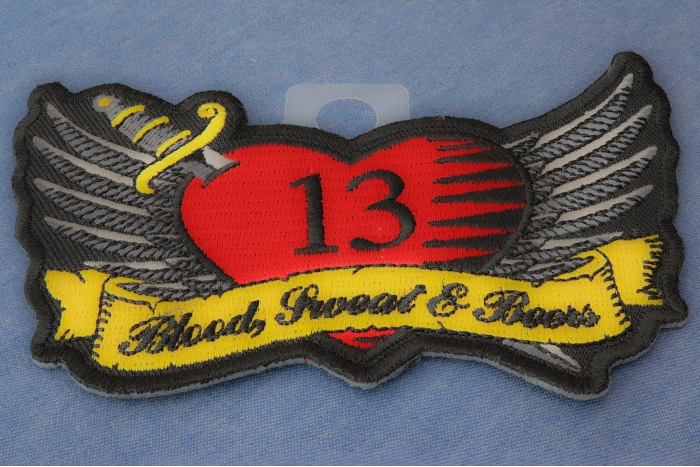Blood Sweat and Beers Funny Iron on Patch with Heart and Wings diagonal view