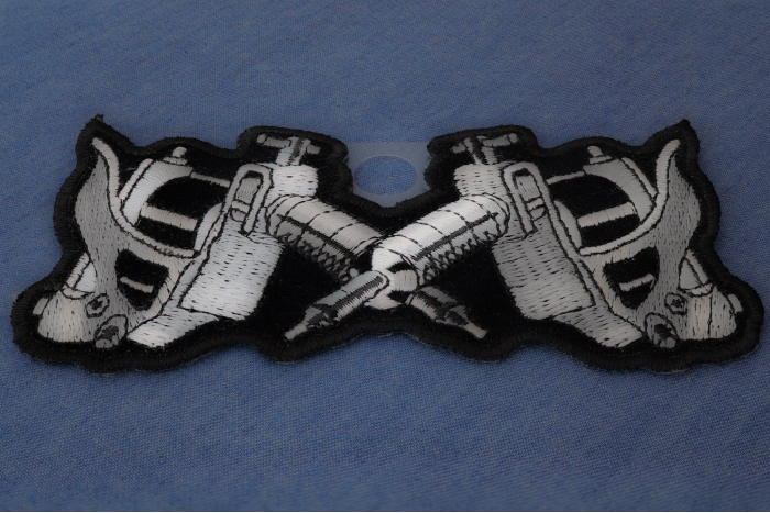 Small Tattoo Guns Novelty Iron on Patch diagonal view