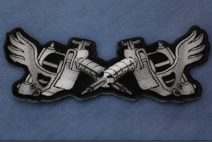 Tattoo Guns Wings Novelty Iron on Patch diagonal view