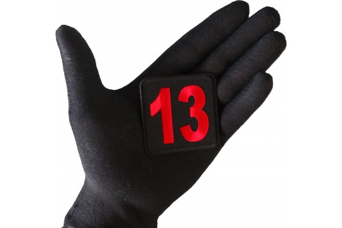 13 Patch, Iron on Patch, Embroidered shown on hand for size comparison