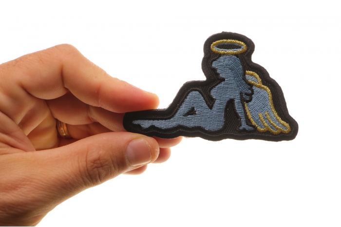 Angel Girl Novelty Iron on Patch shown on hand for size comparison
