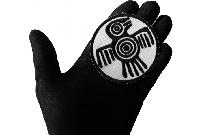 Aztec Tribal Patch shown on hand for size comparison