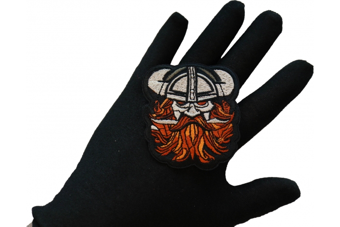 Beard Viking Iron on Patch shown on hand for size comparison