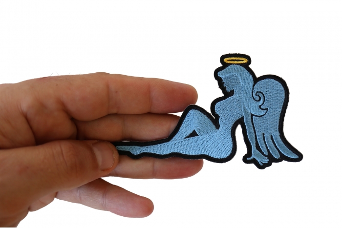 Blue Angel Girl Iron on Novelty Patch shown on hand for size comparison