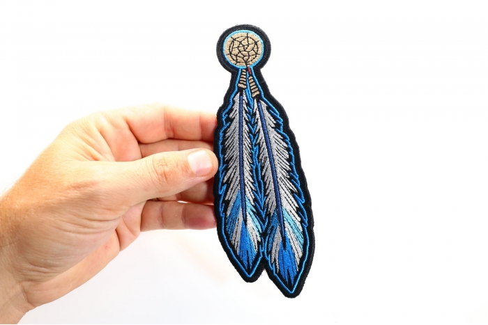 Feather Patch, Small Embroidered Iron on Patches shown on hand for size comparison