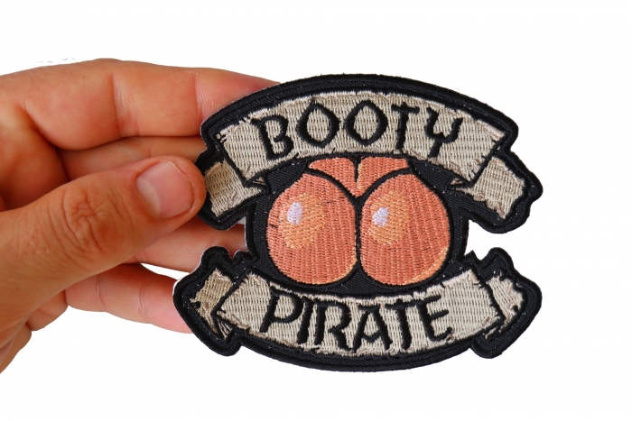 Booty Pirate Patch, Funny Embroidered Iron on Patches shown on hand for size comparison