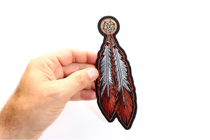 Feather Patch, Brown, Small Embroidered Iron on Patches shown on hand for size comparison