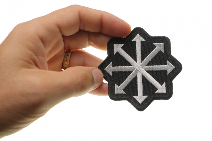 Chaos Arrows Iron on Novelty Patch shown on hand for size comparison