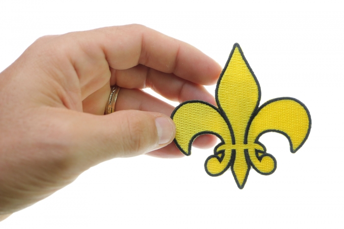 Fleur De Lis Patch, Iron on Patches shown on hand for size comparison