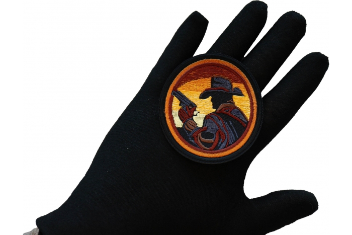 Gun Slinger Patch, Iron on Patches shown on hand for size comparison