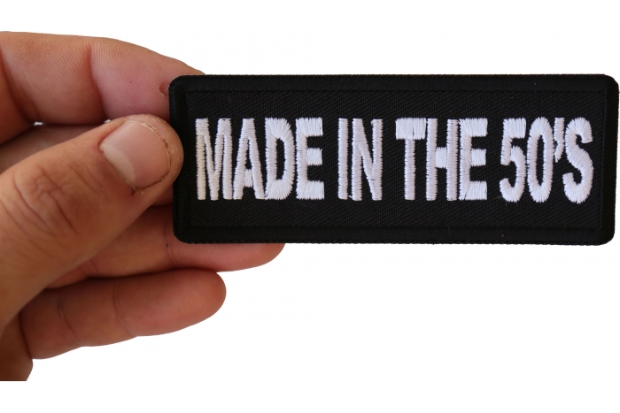 Made in the 50's Novelty Iron on Patch shown on hand for size comparison