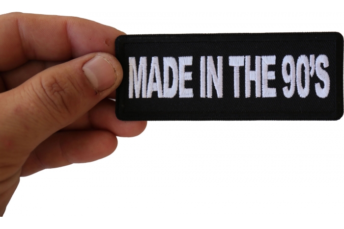 Made in the 90s Novelty Iron on Patch shown on hand for size comparison