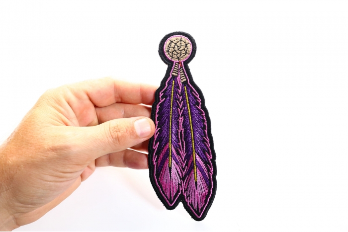 Feather Patch, Iron on Applique for Clothing shown on hand for size comparison