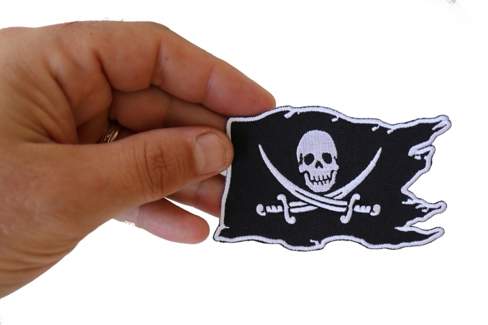 Pirate Skull Flag Patch, Skull Patches shown on hand for size comparison