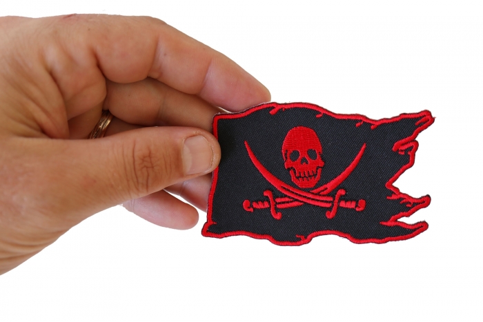 Pirate Flag Skull and Crossed Swords Patch, Skull Patches shown on hand for size comparison