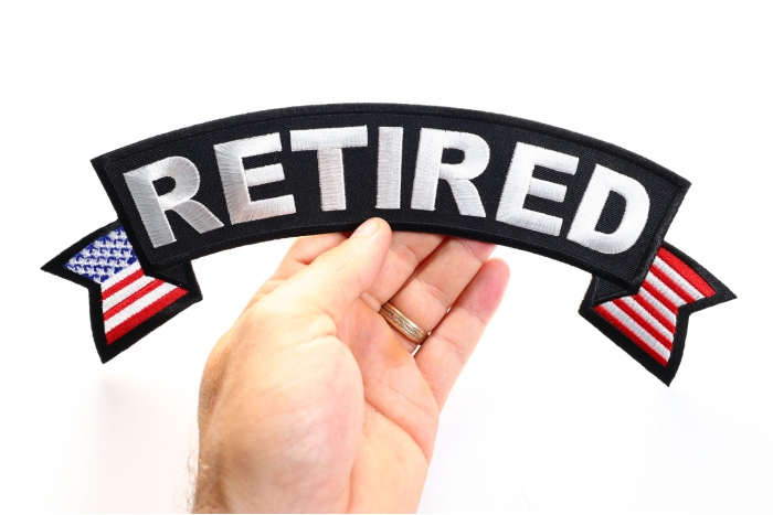 Retired Patch, US Flag Large Rocker Patch shown on hand for size comparison