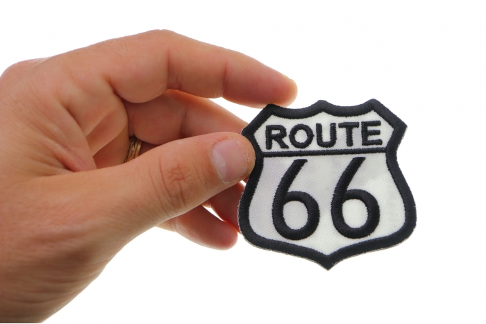 Route 66 Patch, Biker Sayings shown on hand for size comparison