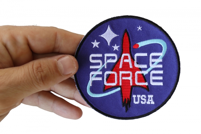 Space Force USA Iron on Novelty Patch shown on hand for size comparison