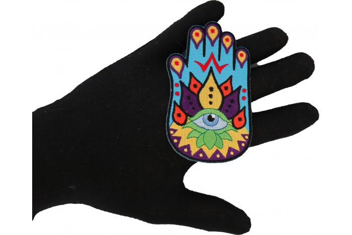 Spiritual Hand Novelty Iron on Patch shown on hand for size comparison