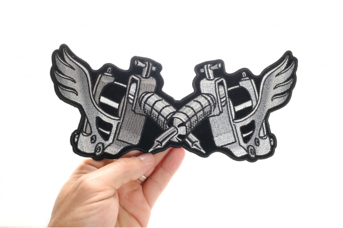 Tattoo Guns Patch, Large Back Patches for Vests shown on hand for size comparison