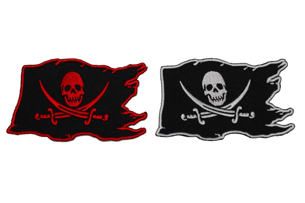 Set of 2 Pirate Skull Flag Patches in Red and White