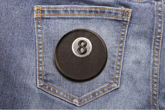8 Ball Novelty Iron on Patch shown on jeans