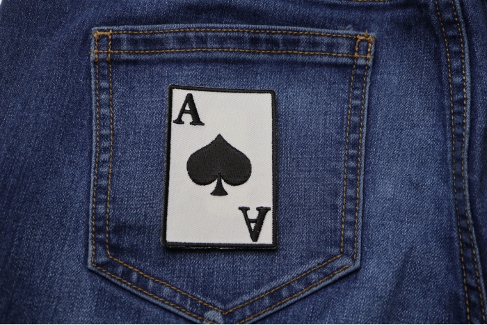Ace Of Spades Novelty Iron on Patch shown on jeans