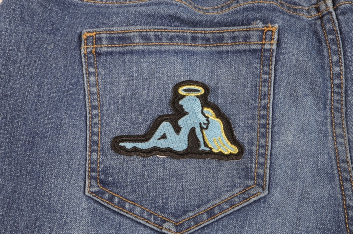 Angel Girl Novelty Iron on Patch shown on jeans