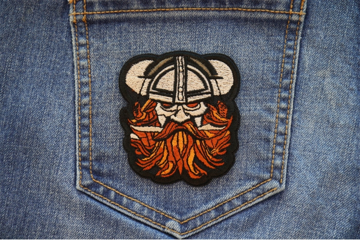 Beard Viking Iron on Patch shown on jeans
