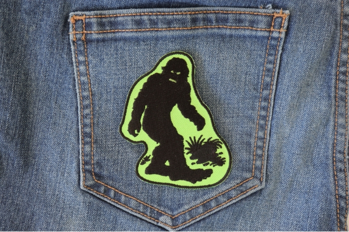 Big foot Sasquatch Novelty Iron on Patch shown on jeans