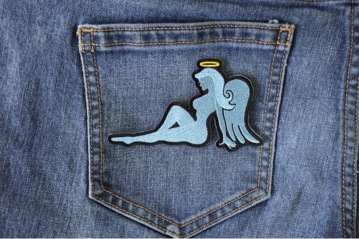 Blue Angel Girl Iron on Novelty Patch shown on jeans