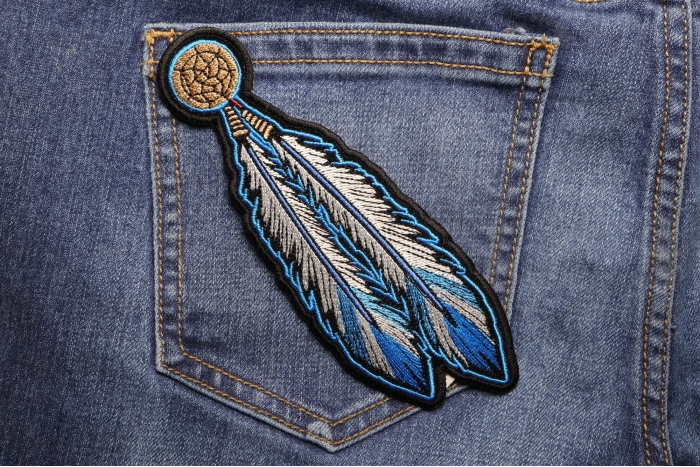 Blue White Feathers Patch shown on jeans
