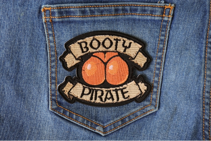 Booty Pirate Novelty Iron on Patch shown on jeans