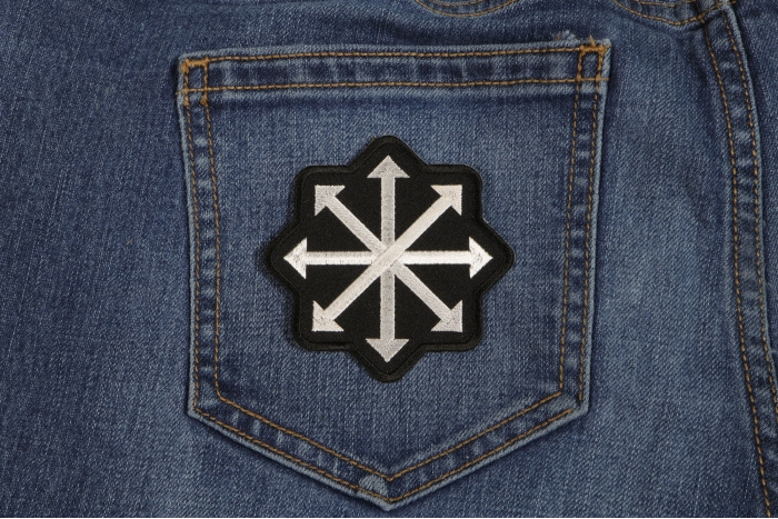 Chaos Arrows Iron on Novelty Patch shown on jeans