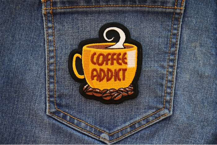 Coffee Addict Patch shown on jeans