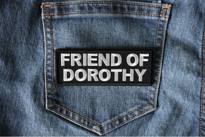 Friend of Dorothy Funny Iron on Patch shown on jeans