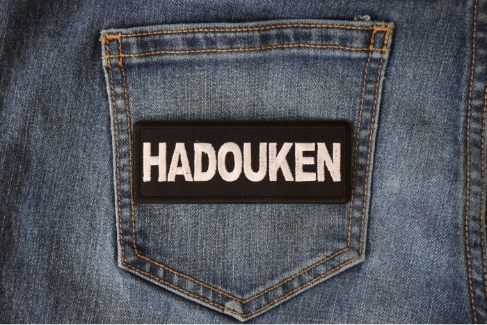 Hadouken Funny Iron on Patch shown on jeans