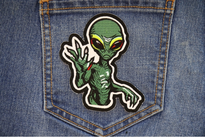 Hi Five Alien Patch shown on jeans