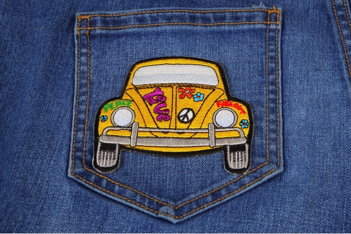 Hippie Bug Car Novelty Iron on Patch shown on jeans