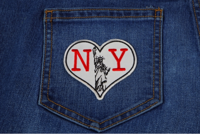 I Heart NY With Statue Of Liberty Small Patch shown on jeans