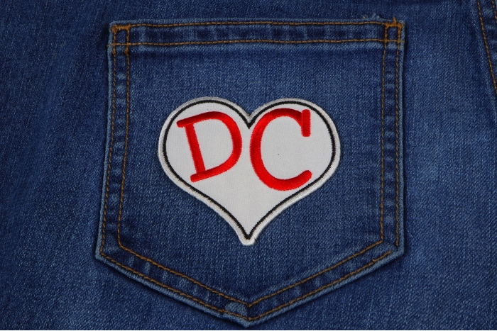 I Love DC Heart Novelty Iron on Patch shown on jeans