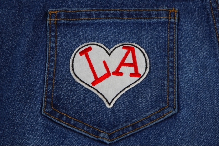 I Love LA Heart Novelty Iron on Patch shown on jeans