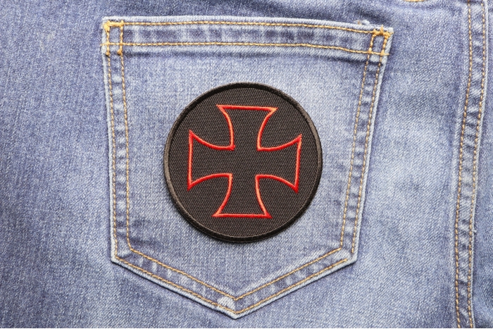 Iron Cross Novelty Patch Red Black shown on jeans