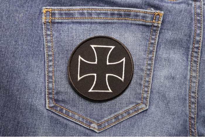 Iron Cross Patch White Black shown on jeans