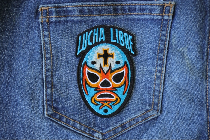 Lucha Libre Iron on Novelty Patch shown on jeans