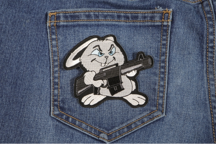 Machine Gun Bunny Rabbit Novelty Iron on Patch shown on jeans