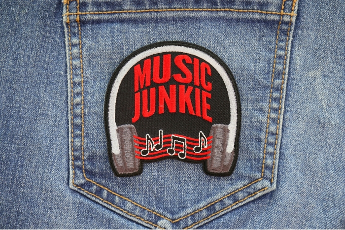 Music Junkie Patch shown on jeans
