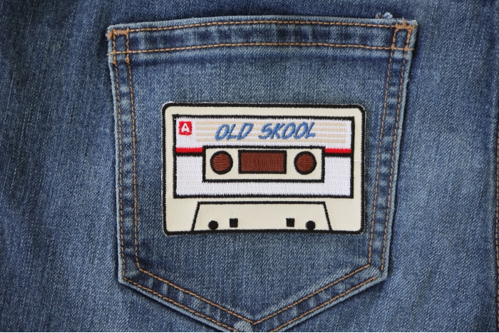 Old Skool Radio Cassette Novelty Iron on Patch shown on jeans